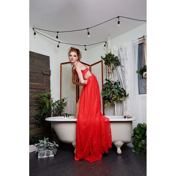 Women's Red Sexy lace flowy Handmade Maxi Dress New Size S/M - Picture 2 of 12